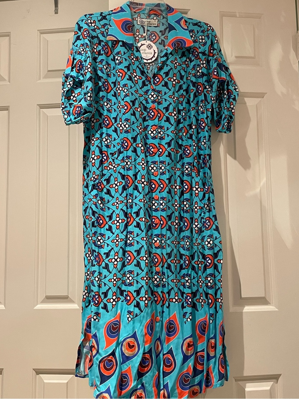 ETHNIC  PATTERN PEACOCK DESIGNS MOSAIC TILE. BUTTON DOWN DRESS NWT